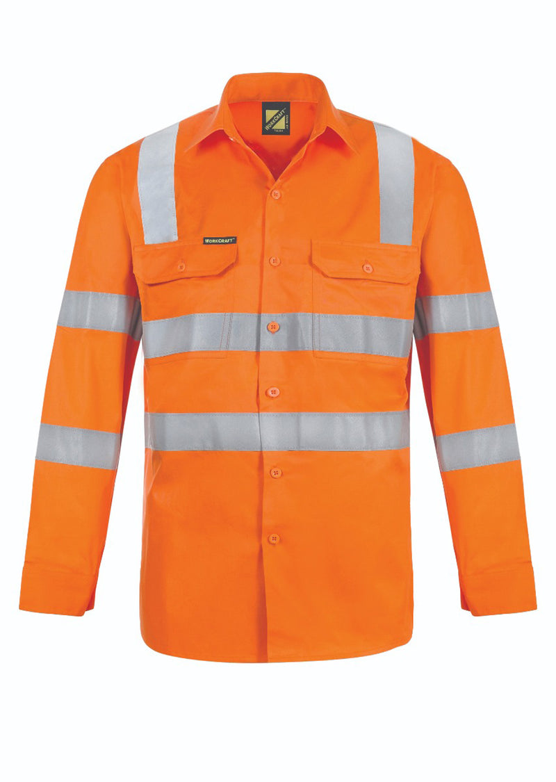 Workcraft Lightweight Hivis Long Sleeve Vented Cotton Drill Shirt Reflective Tap 'X' Pattern VIC Rail - WS6011