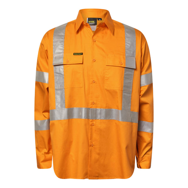 Workcraft Lightweight Hivis Long Sleeve Vented Cotton Drill Shirt Reflective Tap 'X' Pattern NSW Rail - WS6010